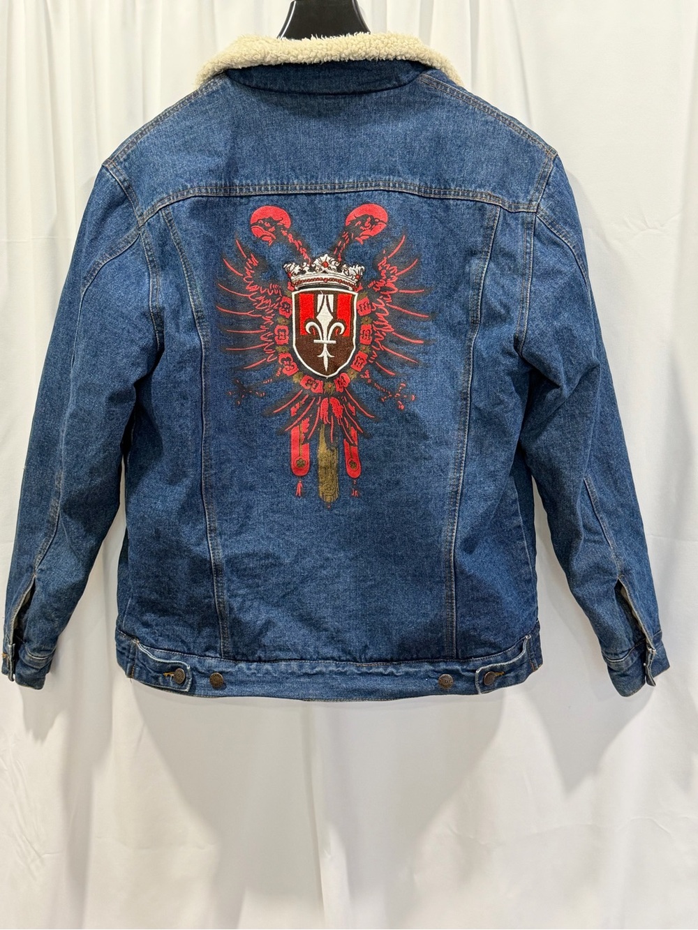 Vintage Dominix Sherpa Lined Denim Jacket Small Embroidered Crest Back